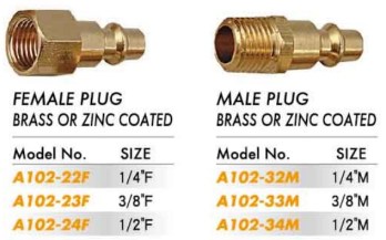 Quick Coupler - Male & Female Plug - Brass or Zinc Coated (A102-22 23 24 32 33 34)
